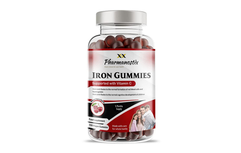 Pharmanostix Iron & Vitamin C Vegan Gummies - 150 Natural Cherry Flavour Gummies -Tasty Alternative to Iron Tablets -for Men, Women and Kids - Supports Cognitive Development & Red Blood Cell Formation - BeesActive Australia