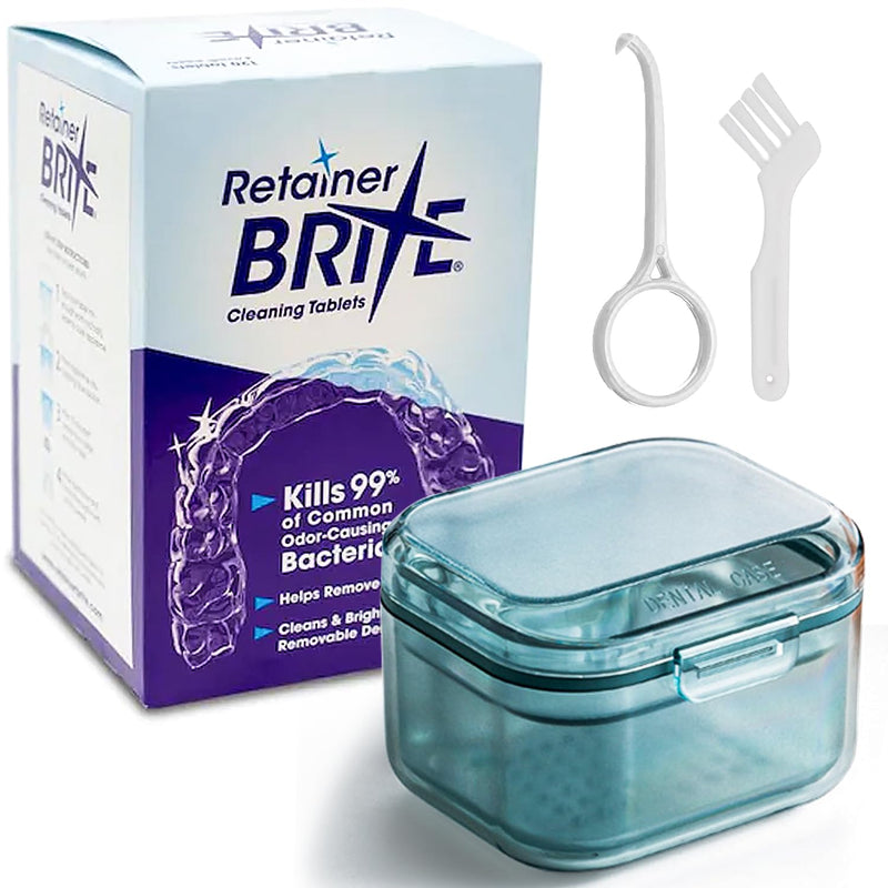 Retainer Brite Cleaning Kit Including 96 Tablets (3 Month Supply) and Case - Retainer Box Ideal for retainers, mouthguard, dentures, invisalign. Removes Plaque and Tartar. (Blue) Blue - BeesActive Australia