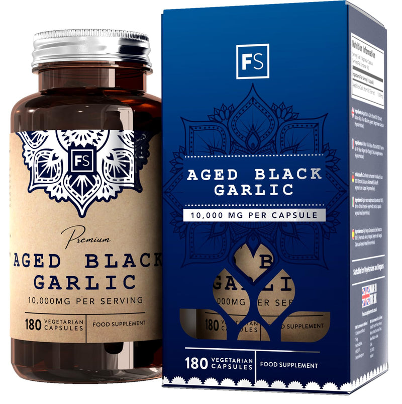 FS Aged Black Garlic Capsules | 180 High Strength Black Garlic Capsules - 10,000mg Garlic Extract per Capsule | Odourless Garlic Supplement | Non-GMO, Gluten & Allergen Free | Manufactured in The UK - BeesActive Australia