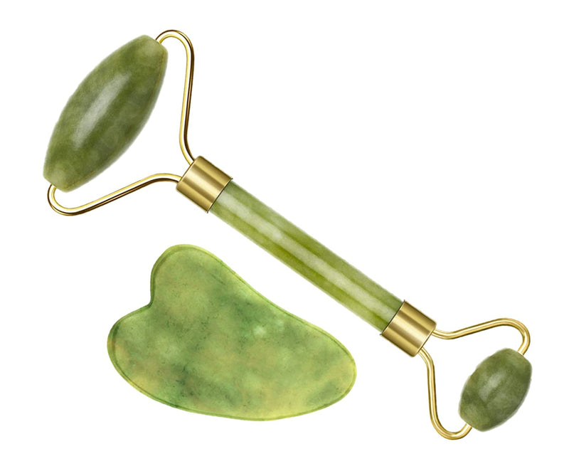 Jade Roller and Gua Sha Massage Set in Natural Green for Face, Eye Puffiness, Skin Treatment, Rejuvenation of Face & Neck and Skin Care - BeesActive Australia