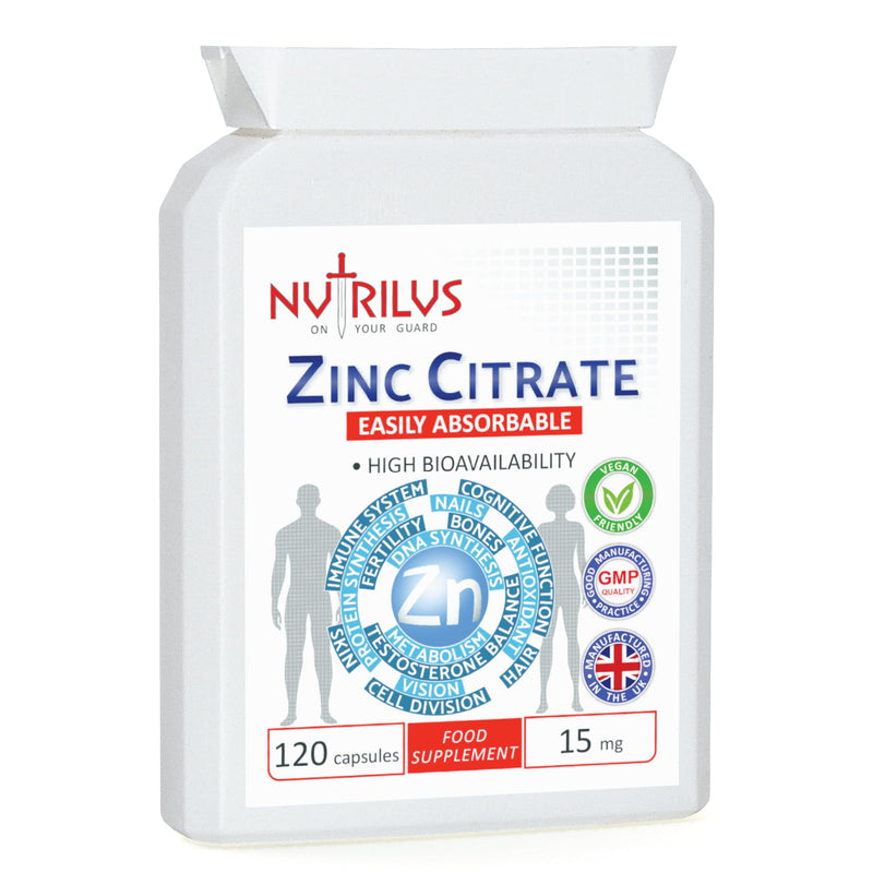 Zinc Citrate 120 Capsules 15mg - Bioavailable Form - Daily Capsules - not Tablets - Immune, Bone, Vision, Hair, Nails, Skin, Fertility - BeesActive Australia