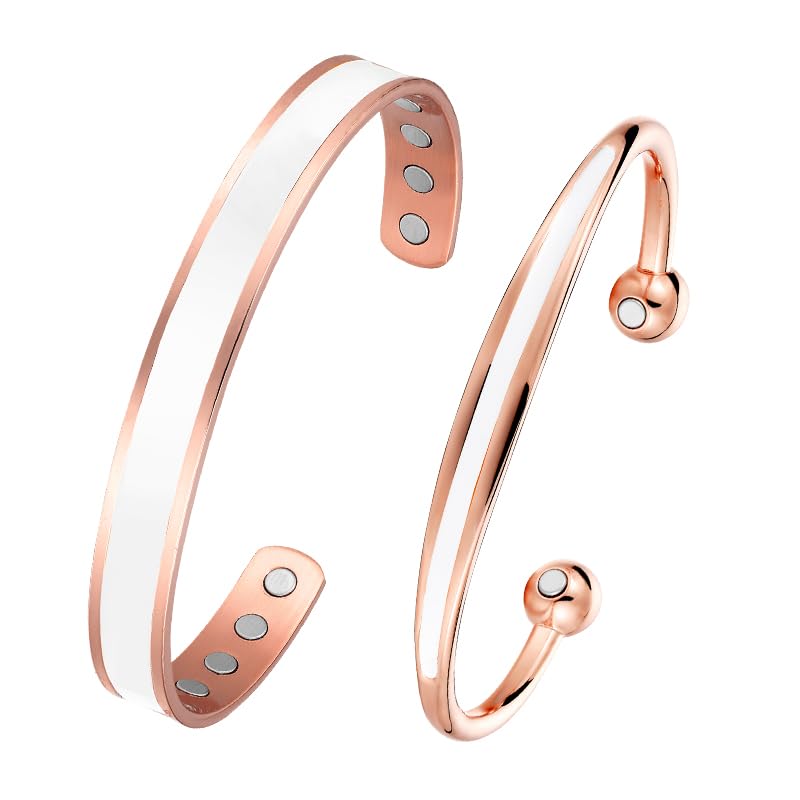BioMag 2pcs Magnetic Copper Bracelet for Women Men Solid Copper Magnetic Bangle Adjustable to Fit Most Wrist for Men and Women (White) White - BeesActive Australia