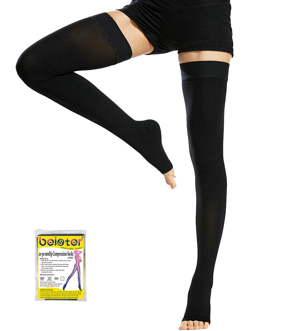 Beister Medical Open Toe Thigh High Compression Stockings with Silicone Band for Women & Men, Firm 20-30 mmHg Graduated Support for Varicose Veins, Edema, Flight （2 in a Pack，Not Two Pairs） Black 4X-Large - BeesActive Australia