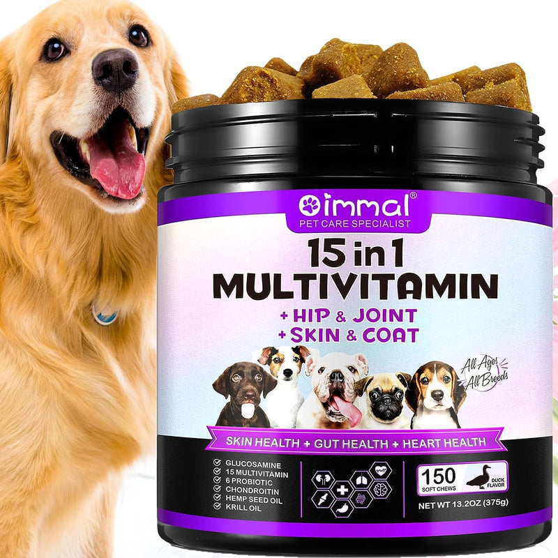 Yecuce 15 in 1 Multivitamin for Dogs, 150 Counts Dog Vitamins and Supplements for Joint Support, Digestion, Heart,Skin, Coat Care,Vitamins A, E, D3, B12, Duck Flavor (150 counts)