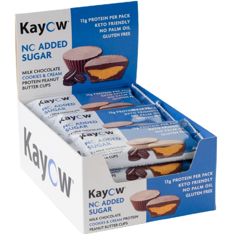 KAYOW No Added Sugar Milk Chocolate Cookies & Cream Peanut Butter Cups 12 x Packs of 2 x 22g High Protein Cups | 13g Protein Per Pack | No Added Sugar | Gluten Free | Low Carb Keto Snacks | - BeesActive Australia