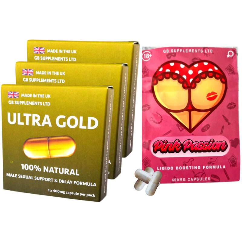 3 x Ultra Gold Pills for Men & 3 x Pink Passion Female Sex Tablet, Forever & Always Supplement Bundle - 100% Herbal Sex Enhancers for Couples! Libido, Endurance & Sex Drive Support for Women & Men - BeesActive Australia