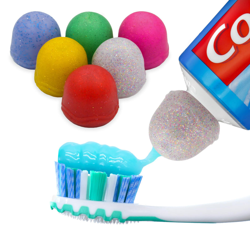 Toothpaste Caps 6 Pack, SqueezMe by Chrome Cherry, Self-Closing, Silicone Caps, Mess-Free Toothpaste Dispenser Squeezer Lids for Kids, Adults, Bathroom Accessories for Tooth and Gum Health (Glitter) 6-pack Glitter - BeesActive Australia