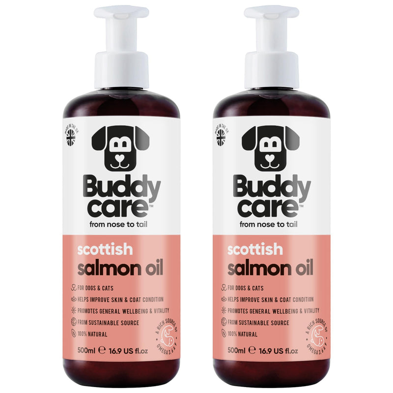 Buddycare Scottish Salmon Oil for Dogs and Cats (500ml x2) 100% Natural & Sustainable Supplement | Rich in Omega 3, 6 & 9 for Boosting the Health & Vitality of your Pet’s Skin, Coat & Immune System 500ml x2