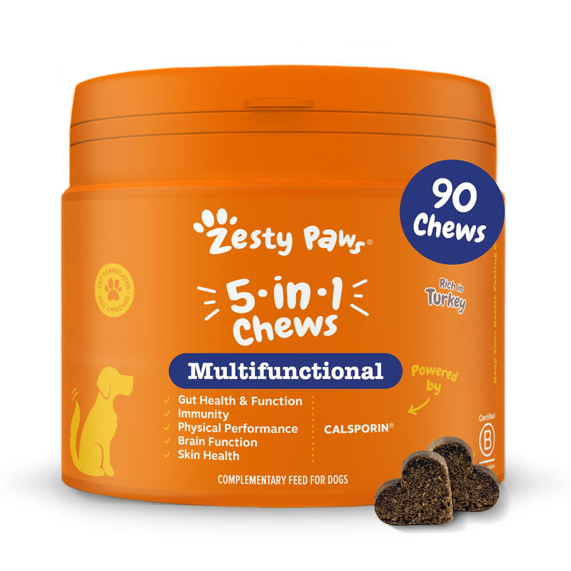 Zesty Paws 5in1 Multivitamins for Dogs | Supports Skin & Gut Health, Brain Function, Immune System, Physical Performance | With Vitamin A, B & C, Folic Acid, Biotin, L-Carnitine | Daily Use | 90 Chews Adult