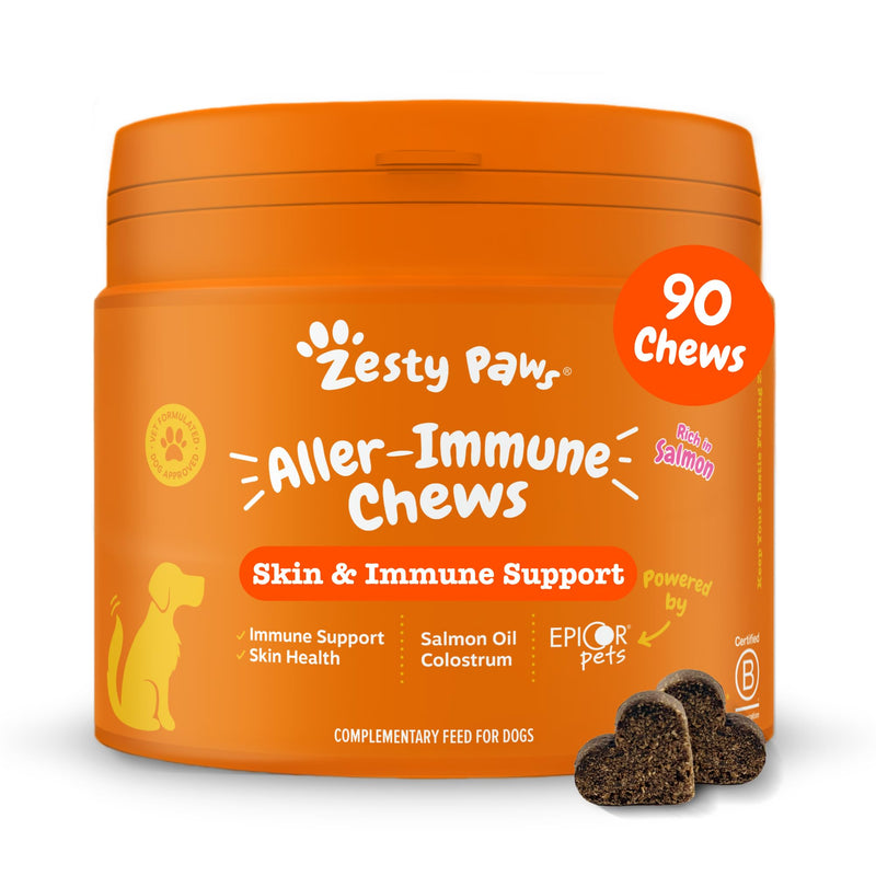 Zesty Paws Aller-Immune Chews for Dogs | Supports Immune Function, Helps Gut, Skin & Coat Health, For Itchy, Dry Skin | Contains Salmon Oil, Prebiotics, Probiotics, Vitamin A | Daily Use | 90 Chews Adult