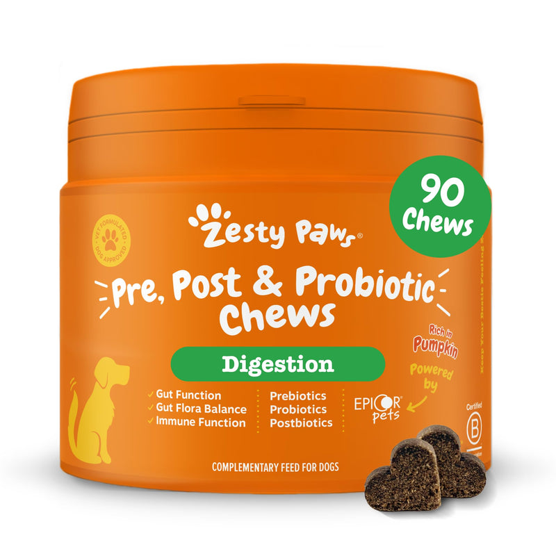 Zesty Paws Probiotic Chews for Dogs | Supports Gut Health, Stool Quality & Digestive Balance, Bad Breath| Contains Prebiotics, Probiotics & Postbiotics, Pumpkin & Linseed | Daily Use | 90 Chews 90 Count