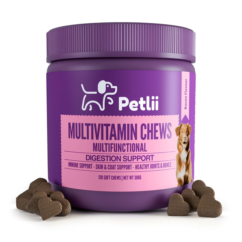 Multivitamin Chews - 120 Bacon Dog Chews | Vitamins, Omegas and Probiotics | Healthy Joints and Gut, Prevent Itching and Improve Vitality