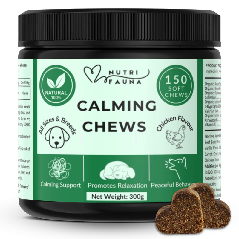 Nutri Fauna Calming Chews for Dogs – 150 Natural Soft Chews – Calming Dog Treats - Dog Anxiety Relief – Tasty Chicken Flavor – Relaxation for All Breeds – 300g