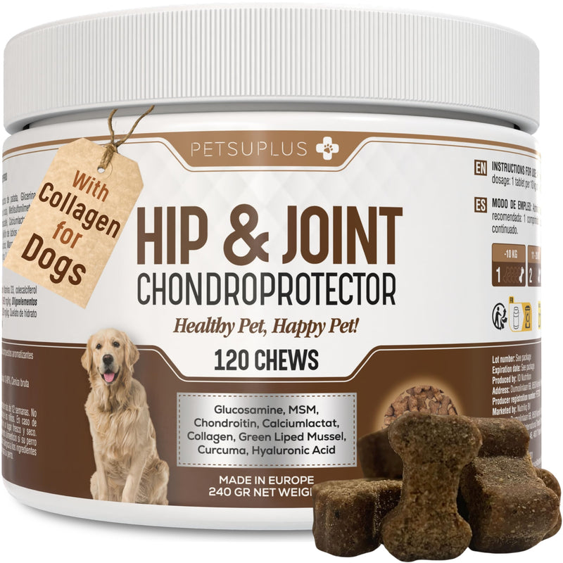 Hip & Joint Care. Collagen for Dogs. Dog Joint Supplements with Green Lipped Mussel, Glucosamine, Chondroitin, Hyaluronic Acid, Calcium & more. 120 Chews