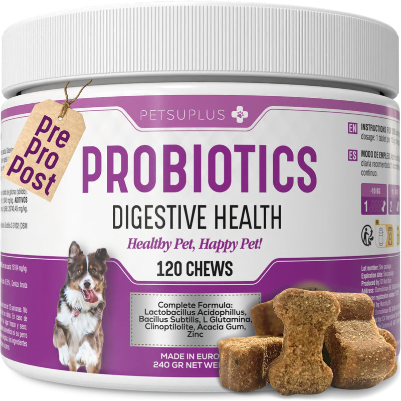 Dog Probiotics for gut health. Dog Probiotic Supplements. Pre and Probiotics for Dogs. Support digestive health, rebalance gut microbiome, aid digestion & boost the immune system. 120 Chews