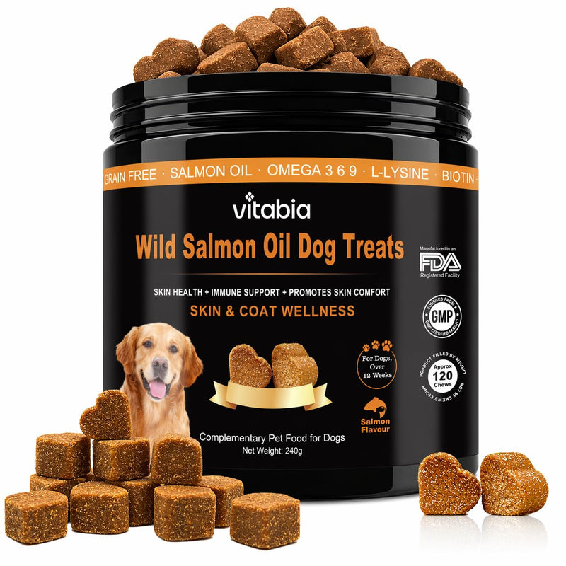 Salmon Oil Dog Chews with Omega 3 6 9 & Probiotics | Dog Skin & Coat Supplement for Itchy Skin, Dry Skin & Shedding | Dog Allergy & Gut Health Support | Soft Chews for Dogs | 120 Chews