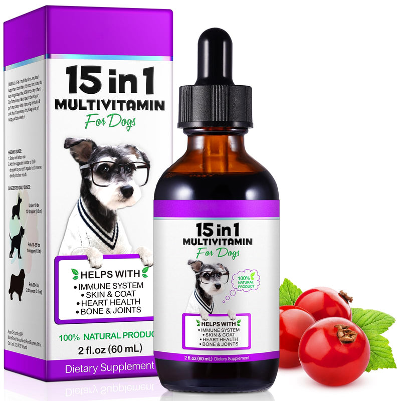 Dog Multivitamin Drops 15 in 1 Dog Vitamins & Supplements for Improving Hip, Joint, Skin Coat, Skin Health, Gut Health and Heart Health Digestion For Dog