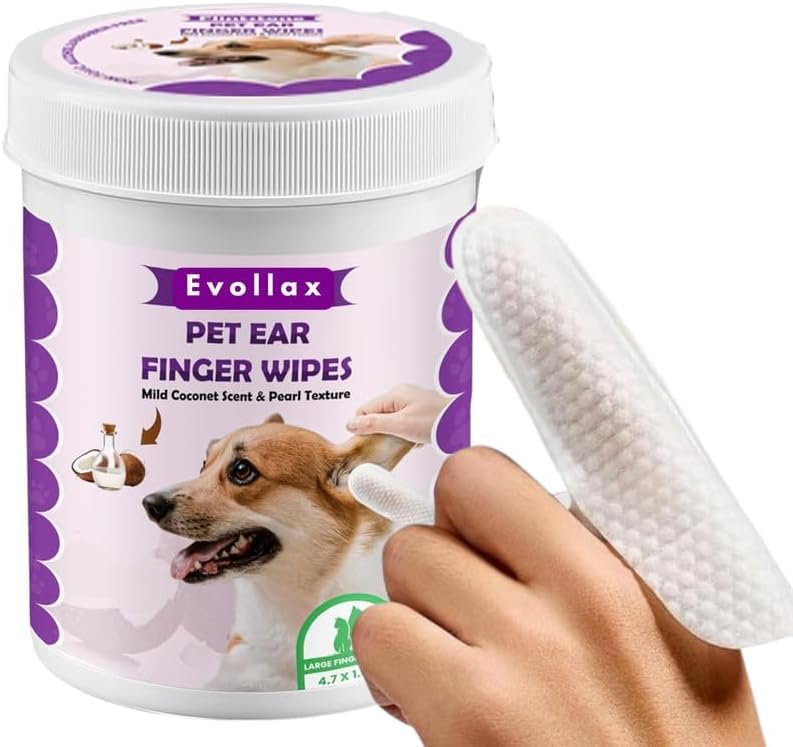Evollax Dog Ear Cleaner Finger Wipes - Ear Wipes Gently Clean Wax & Dirt | Cleaner for Dogs uk | Ears Wipes for Dogs & Cat | Coconut Scent
