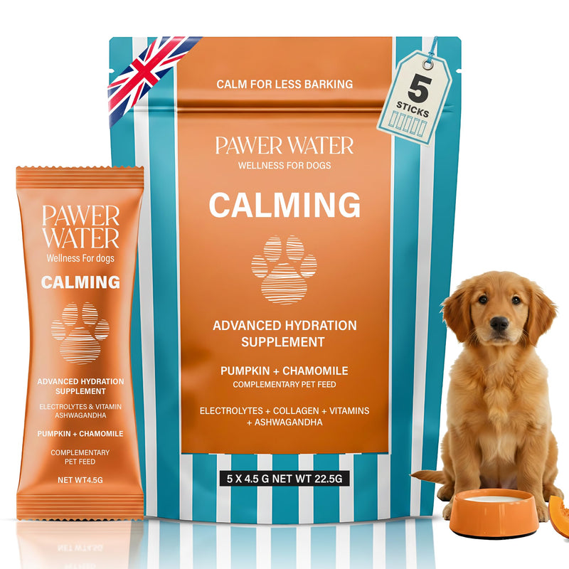 Dog Anxiety Relief & Hydration Powder – Calm Hyperactive Behavior & Relax Nervous Dogs Safely – with Natural Chamomile, Ashwagandha & Collagen (30 Day Supply) - Upto 20kg Dog Calming Pouch of 5
