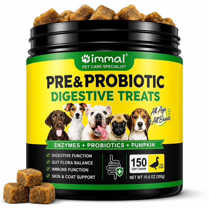 Probiotics for Dogs, 150 Chews, Digestive Support, Gut Health, Diarrhea & Itchy Skin Relief, Pre & Probiotic Digestive Treats for Dogs, Enzymes, Allergy Support, All Breeds Duck Flavour