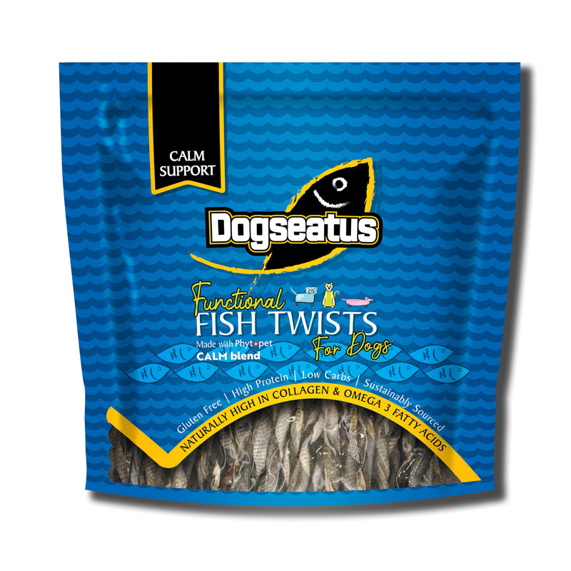 Dogseatus Fish Skin Twists Calming with Valerian, Skullcap & Passiflora 100% Natural, Omega 3 & Collagen Rich Chews Long-Lasting Rawhide Alternative 500g