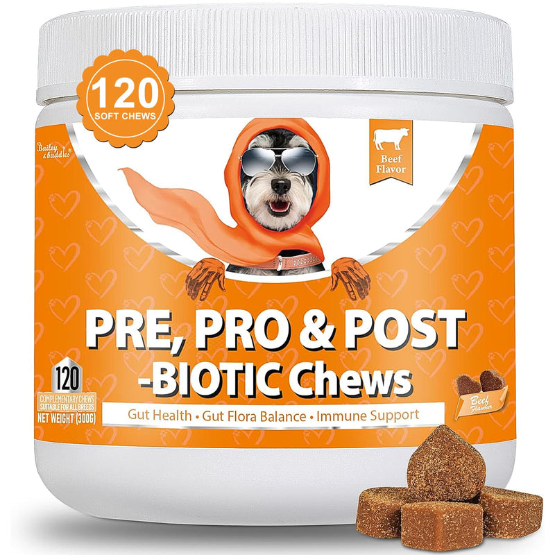 Daily Probiotics for Dogs - 120 Beef Flavored Soft Chews with Natural Pumpkin Powder for Healthy Gut & Sensitive Tummy. Reduces Scooting, Loose Stools, Smelly, Itchy Ears for Small, Medium, Large Dogs