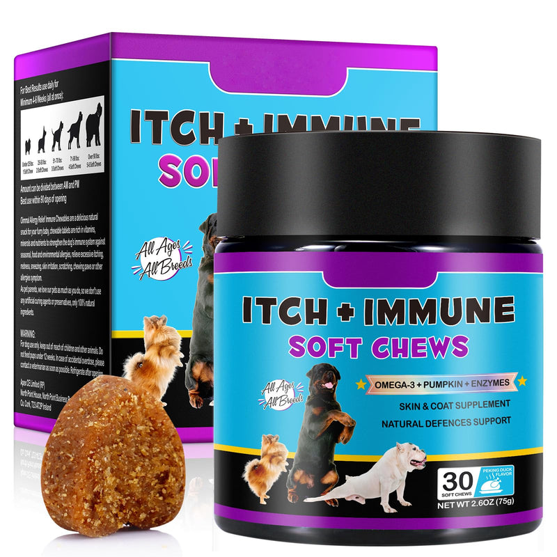 Dog Allergy Relief Chews,(30 Chews),Itchy Dog Skin Relief Chews, Anti-Itch & Hot Spots, Stop Itching, Licking, Scratching, Seasonal Allergies,Peking Duck Flavor 30PCS