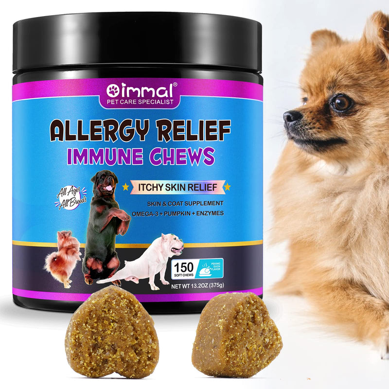 Dog Allergy Relief Treats, Itchy Dog Skin Relief for Dog, Soothes Seasonal Itchy Skin, Paws, Eyes, Ears, Stops Itching, Licking, Scratching, for All Breeds and Sizes - Peking Duck Flavor (150 Chews) 150