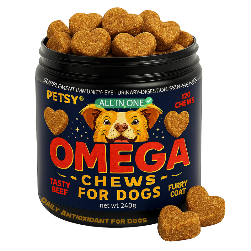 PETSY OMEGA 3 For Dogs Antioxidants Supplement UK, OMEGA 3 6 9, Daily Natural Wellness Treats 120 Supplement Heart Kidney Digestion vision Mobility Chews Puppy Adult Senior