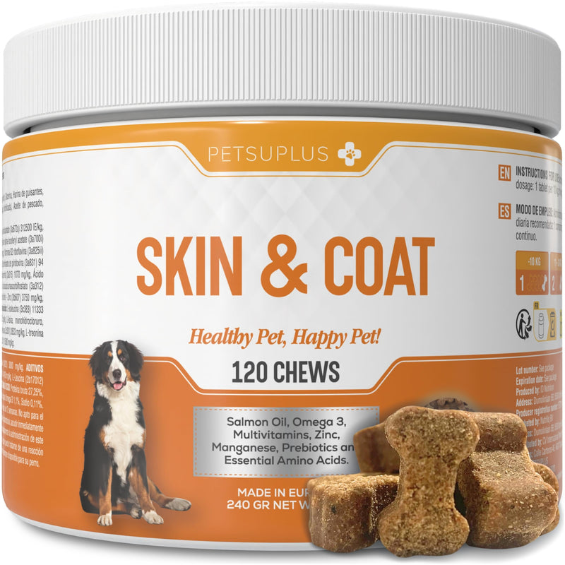 Skin & Coat. Dog Supplements & Vitamins with Salmon Oil for Dogs UK. Prevents and Improves Symptoms such as Itching, Dry Skin, Irritation, Hair Loss, and Irritability. 120 soft chews