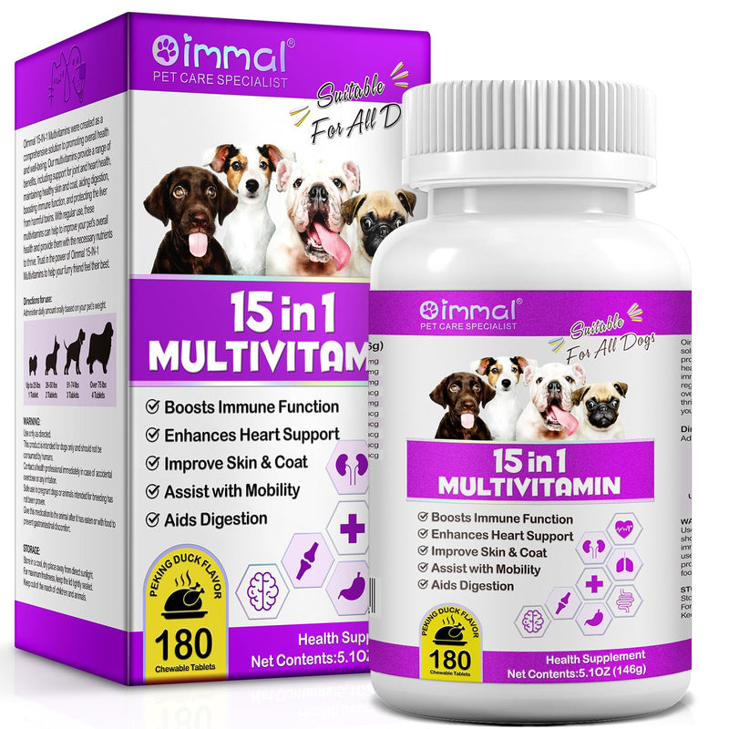 Dog Multivitamin Tablets, 15 in 1 Multivitamin Treats for Dogs Supports Immunity & Digestion, Skin & Coat and Joint Health, Multivitamin Dog Supplement for All Ages - 180PCs Chewable Tablets