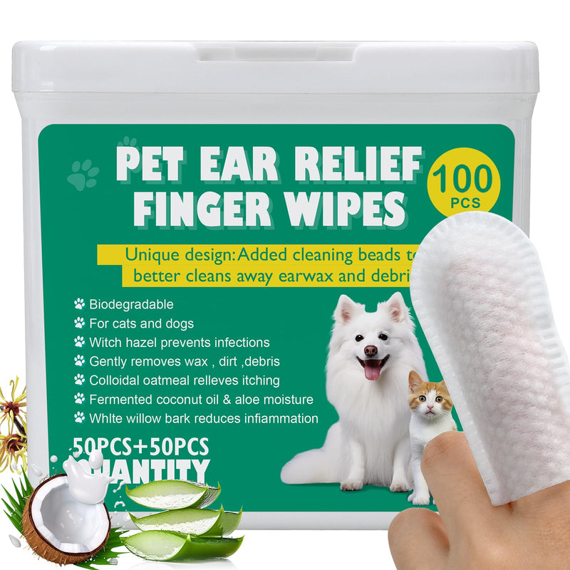 100 XL Dog Ear Cleaning Finger Wipes - Larger & thicker 1.77" Natural Coconut Oil & Aloe Dog Ear Wipes | Gently Removes Wax, Odor, Dirt For Dogs & Cats | Hypoalergenic Biodegradable Dog Ear Cleaner 100 Count