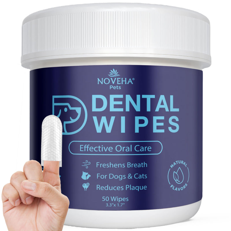 NOVEHA 50PCs Pets Dental Finger Wipes for Dogs & Cats | Freshens Breath, Reduces Plaque | Healthier Gums | Clean Teeth No Toothbrush | Vet Recommended Effective Natural Oral Care | Flavor-Free
