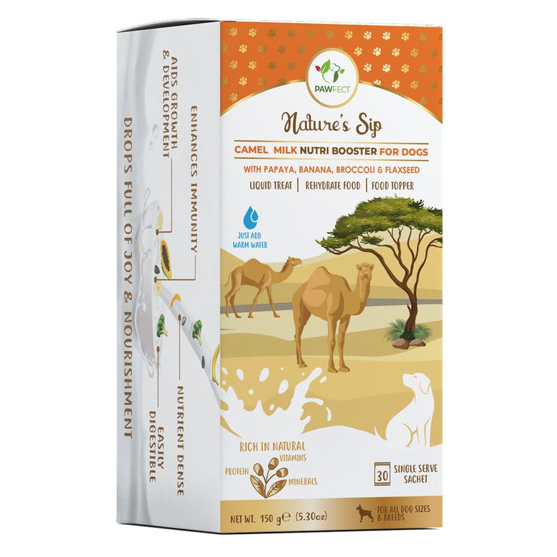 Pawfect Nature's Sip Camel Milk Powder with Papaya, Banana, Broccoli & Flaxseeds| Easily Digestible| Pre & Probiotics| Healthy Topper| Low Glycemic| Hydration Support| 30 scoops| (150g/5.29oz) 5 g (Pack of 30)