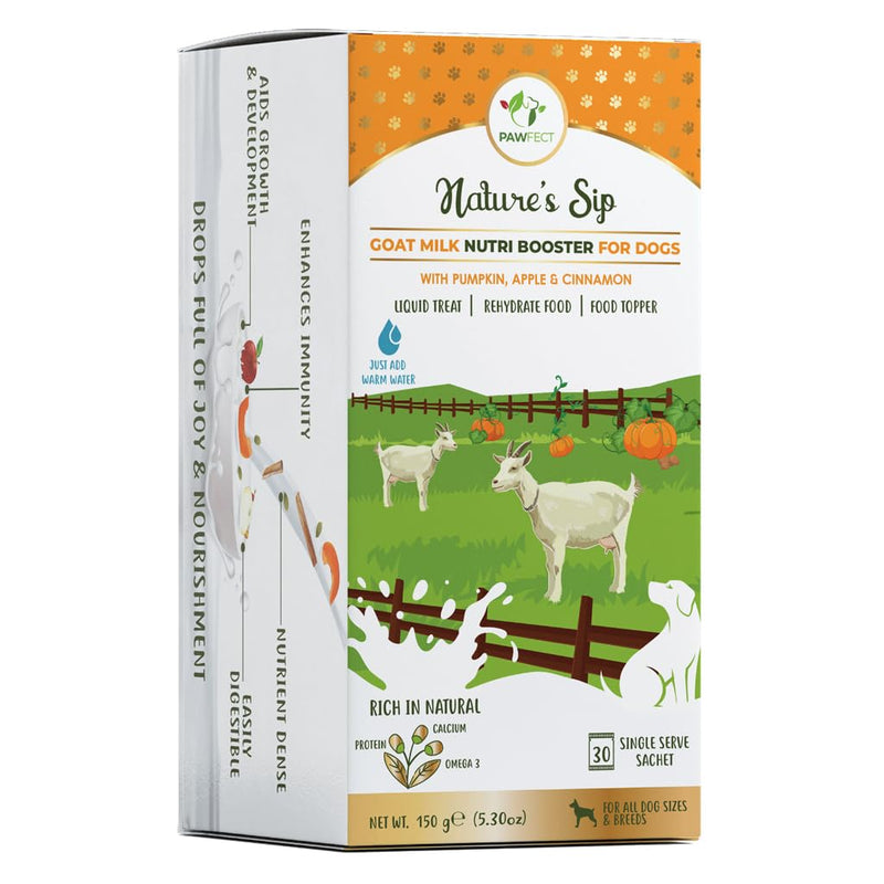 Pawfect Nature's Sip Goat Milk Powder with Pumpkin, Apple, Cinnamon & Pumpkin Seeds for Dogs- Easily Digestible- Pre & Probiotics- Healthy Topper- Hydration Support- 30 sachets (150g/5.29oz) Pumpkin, Apple & Cinnamon 5 g (Pack of 30)