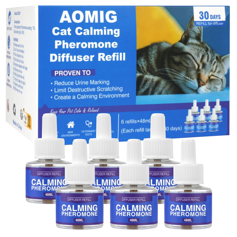 Aomig Pheromone Diffuser Refill for Cats Multi-Cat Household Refill, Cat Calming Plug in Diffuser Refill, Plug In Anxiety Relief Pheromone Diffuser for Cats, Cat Calming Product Calming Pheromone Kit 6PCS-Refill