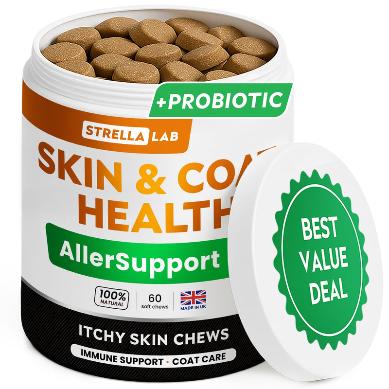 STRELLALAB Allergy Support Chews for Dogs with Omega 3 Fish Oil - Itchy Skin Support Immune Supplement - Skin & Coat Health - Made in UK - Stop Itch & Hot Spots - Pork Flavor - 60ct 60 Soft Chews