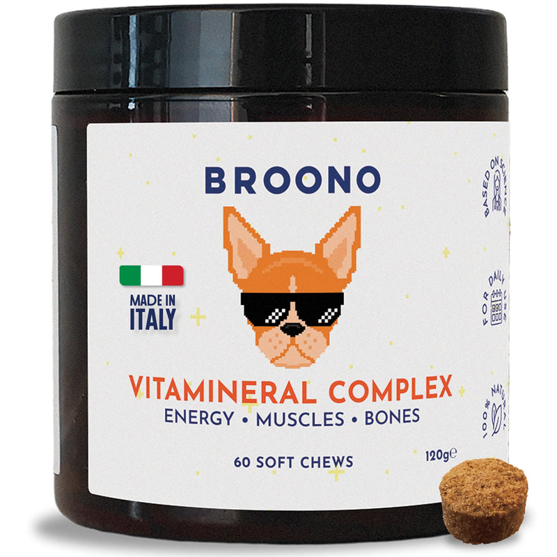 15-in-1 Multivitamin Chews for All Dogs, Support Metabolism with B Vitamins, Zinc, Biotin, Vitamin C & E, Bones & Muscle Recovery, Immunity Support - 60 Soft Chews, BROONO Vitamineral Complex