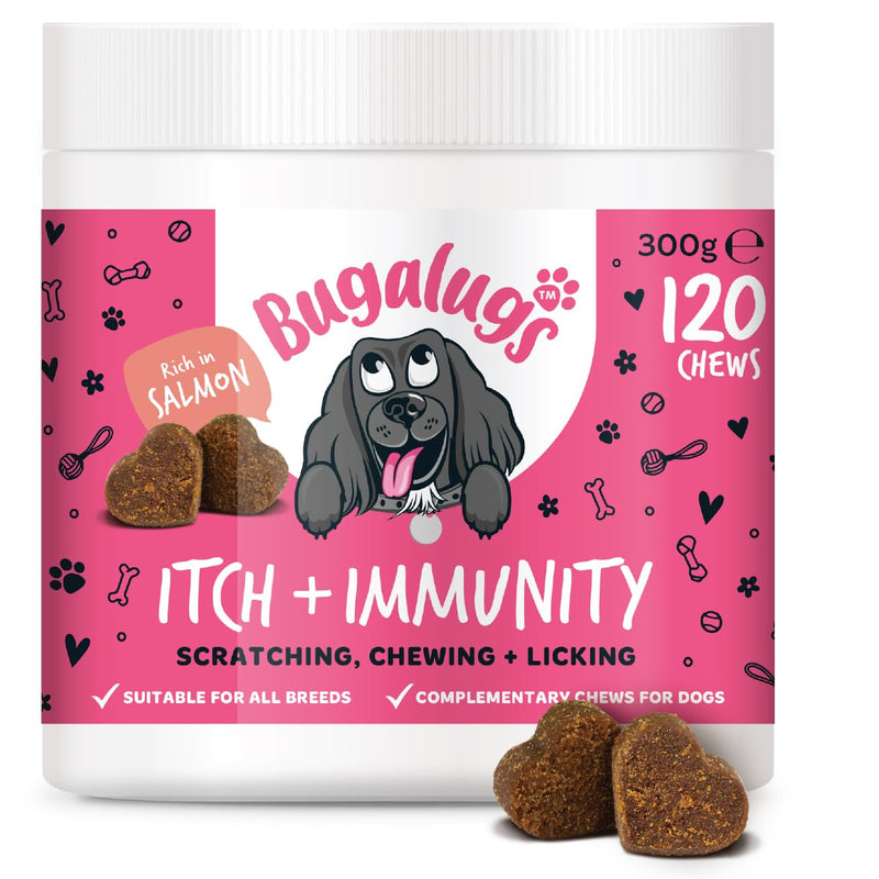 BUGALUGS Itch & Immunity Dog Treats – Helps Soothe Itchy Skin, Paws, Ears - Licking, Scratching - Perfect for Small, Medium & Large Dogs 120 Chews