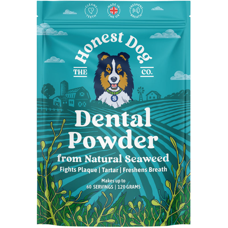 Honest Dog Co. Dental Powder for Dogs - Easy Seaweed Food Topper for Fresh Breath, Plaque & Tartar Removal | Natural Teeth Cleaning & Gum Health | Made in UK | 120g (up to 60 servings)