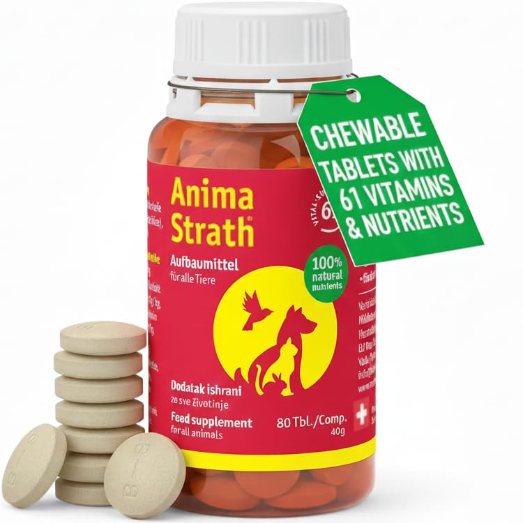 Anima Strath Chewable Tablets for Dogs & Cats - (80 Tablets) 61 Nutrients, Vitamins, Minerals, Amino Acids, Natural Immune System Canine Supplement for Digestion, Fur Coat & Skin 80 tablets