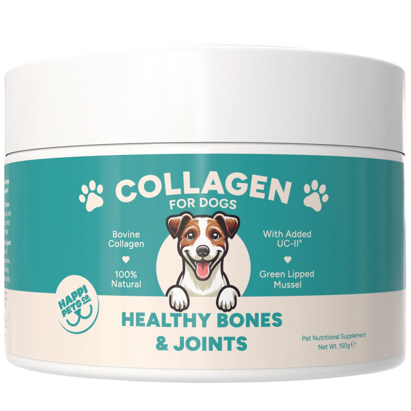 Happi Pets Collagen for Dogs Powder - Joint Supplements for Dogs - Dog Supplement with UC-11, Bovine Collagen & Green Lipped Mussel - Beef Flavoured, 150g Tub - Serving Scoop