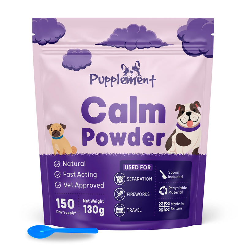 Calm Powder for Dogs - Up to 150 Servings - 130g - Natural Relief for Stress, Reduce Separation Anxiety, Barking, Fear, Reactivity, Travel & Hyperactivity - Calming for All Breeds & Ages Single
