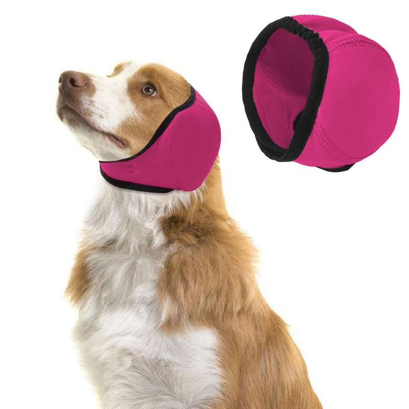 Dog Ear Defender, Waterproof Adjustable Dogs Head Cover Noise Cancelling Windproof Pet Calming Hood for Summer Bathing Water Play Protection Rose Red S