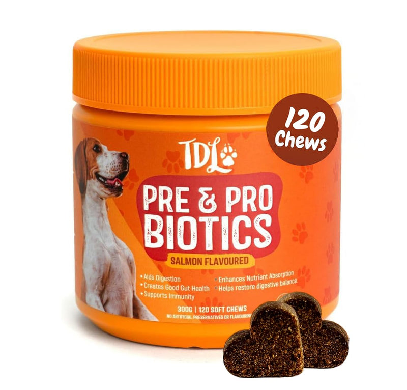 Dog Probiotic Supplements for Gut Health – 120 Soft Probiotic Chews for Dogs – Daily Canine Probiotics & Prebiotics to Support Digestion, Immunity & Sensitive Stomachs – Salmon Flavour Treats