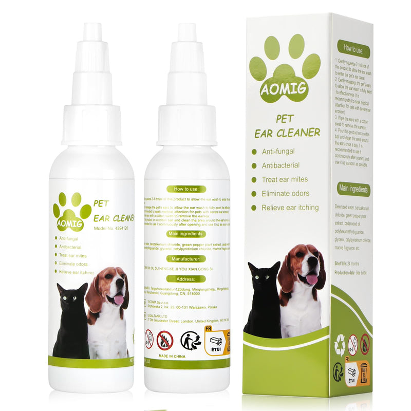 Aomig Cat & Dog Ear Cleaner Solution, Ear Care for Dogs Ear Mite Treatment, Dog Ear Drops for Infection Antibiotics, Cat Ear Drops Soothes Itchy Ears, Ear Cleaner Treatment for All Other Animal 1 Pc