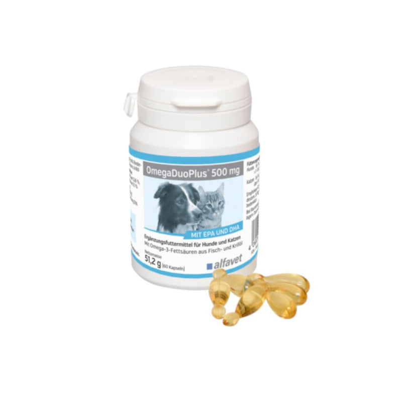 alfavet OmegaDuoPlus 500 mg for Dogs & Cats – Omega 3 Capsules with Fish Oil & Krill Oil – EPA & DHA for Skin & Coat Support – 60 Capsules