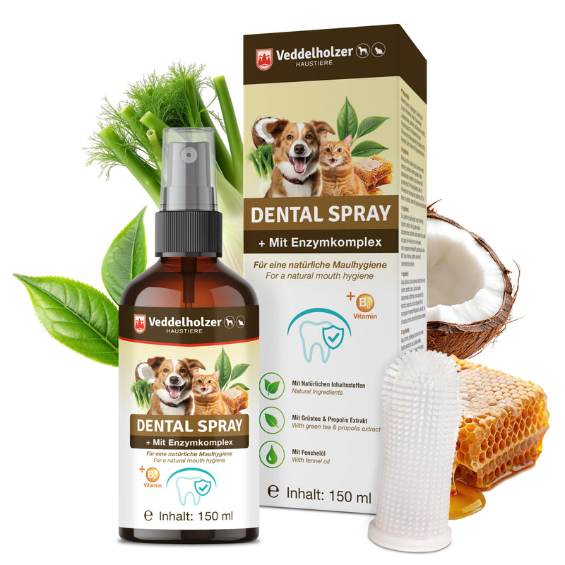 Veddelholzer 150 ml Probiotic Dental Spray Set for Dogs & Cats with Finger Toothbrush & Enzyme Complex Dental Care Tartar Remover Effective Against Bad Breath Natural Dental Care as a Spray