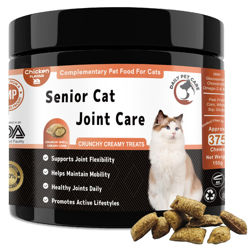 Senior Cat Joint Support Chews UK - Glucosamine, Chondroitin & Omega-3 for Mobility - with Green Lipped Mussel, MSM for Joint Pain Relief in Older Cats - Crunchy & Creamy Cat Treats