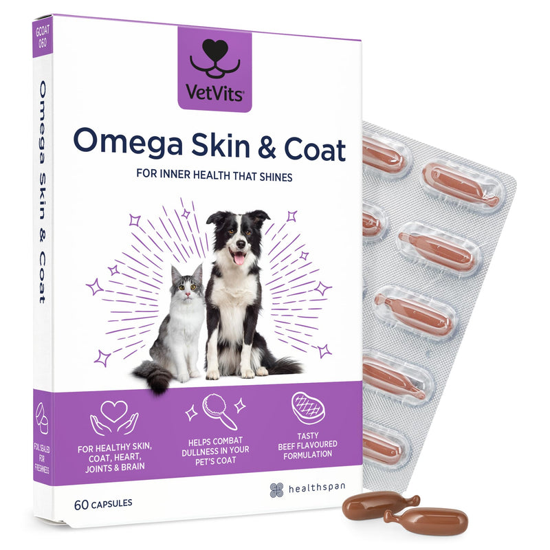 Omega Skin & Coat For Cats & Dogs (60 Capsules) | Beef Flavoured | Shinier Coat, Healthier Pet | Omega 3 and 6 Blend | Supports Skin, Coat, Joints, Brain and Heart